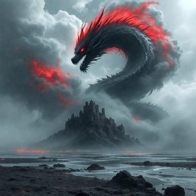 Primary subject: A dragon with red eyes and a long red and white tail.

Setting/background: A cloudy sky with a castle in the background.

Visual style: Digital art.

Colors and mood: The dragon has red eyes and a long red and white tail, creating a dramatic and intense atmosphere. The cloudy sky adds a sense of mystery and intrigue to the scene.
